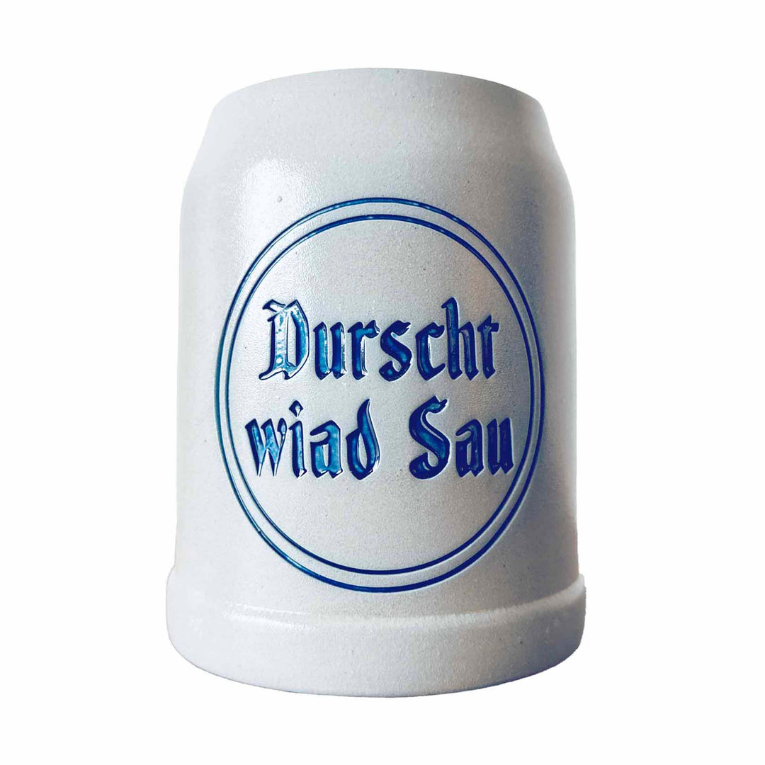 Bierkrug aus Stein mit dem Spruch Durscht wiad Sau 0,5L