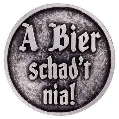 Anstecker mit Spruch a Bier schad't nia altsilber