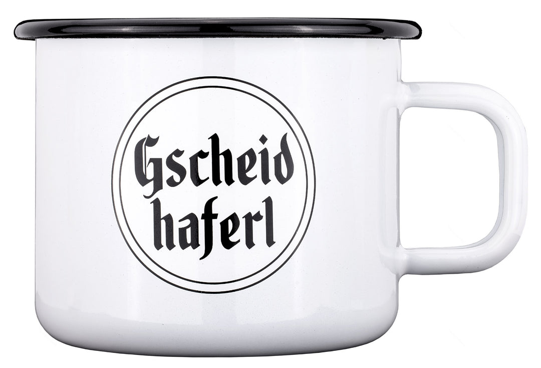 Emailebecher mit Spruch Gscheidhaferl, Henkel zeigt nach rechts
