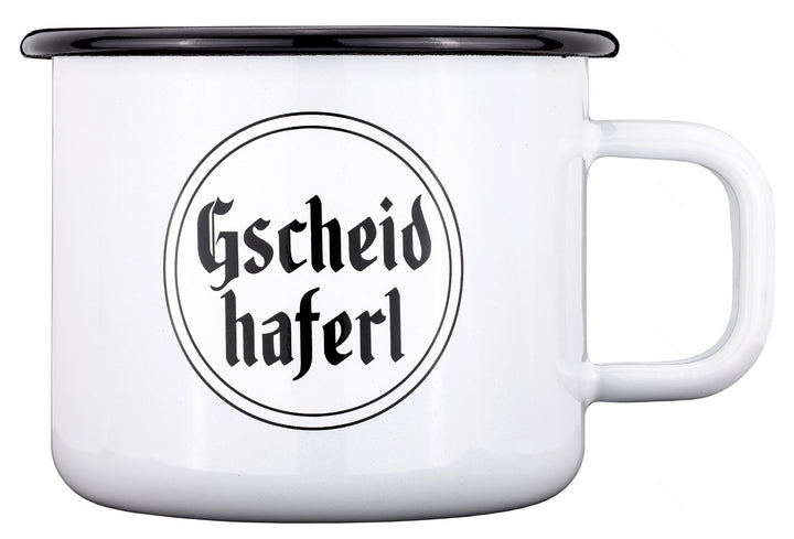 Emailebecher mit Spruch Gscheidhaferl, Henkel zeigt nach rechts