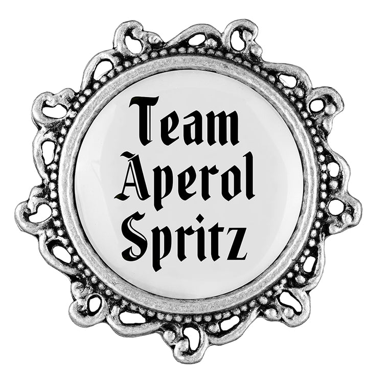 anstecker mit spruch team aperol spritz verziert
